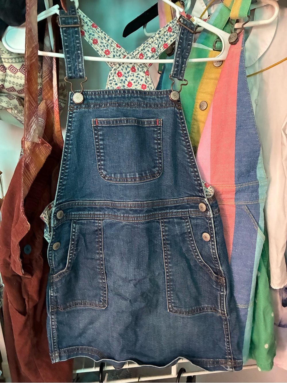 Mini Boden Blue Denim Overalls with Floral Lining 7:8